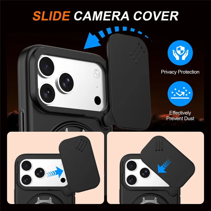 iPhone 17 Pro Magnetisk etui Ring Kickstand Slide Kameralåg TPU PC Hybrid Telefoncover - Sort