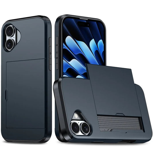 AMORUS iPhone 17 -suojakuori liukukorttipaikalla PC TPU -puhelimen takakansi – laivastonsininen