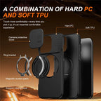iPhone 16 Pro Max Case Magnetic Case Ring Kickstand Slide Camera Cover TPU PC Hybrid Phone Shell - Black