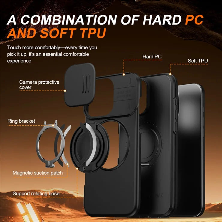 iPhone 16 Pro Max Case Magnetic Case Ring Kickstand Slide Camera Cover TPU PC Hybrid Phone Shell - Black
