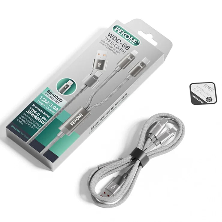 WEKOME WDC-66 USB / Type-C to Type-C / iP Cable 1.2m 3A 65W Super Fast Charging Data Sync Cord - Grey