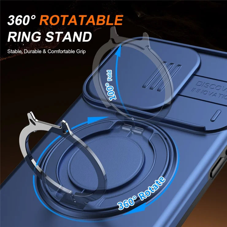 iPhone 15 Pro Max Magnetic Case Ring Kickstand Slide Camera Cover TPU PC Hybrid Phone Shell - Blue