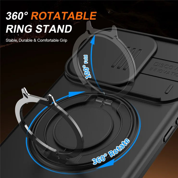 iPhone 16 Pro Max Case Magnetic Case Ring Kickstand Slide Camera Cover TPU PC Hybrid Phone Shell - Black