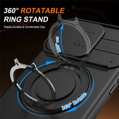iPhone 16 Pro Max Case Magnetic Case Ring Kickstand Slide Camera Cover TPU PC Hybrid Phone Shell - Black