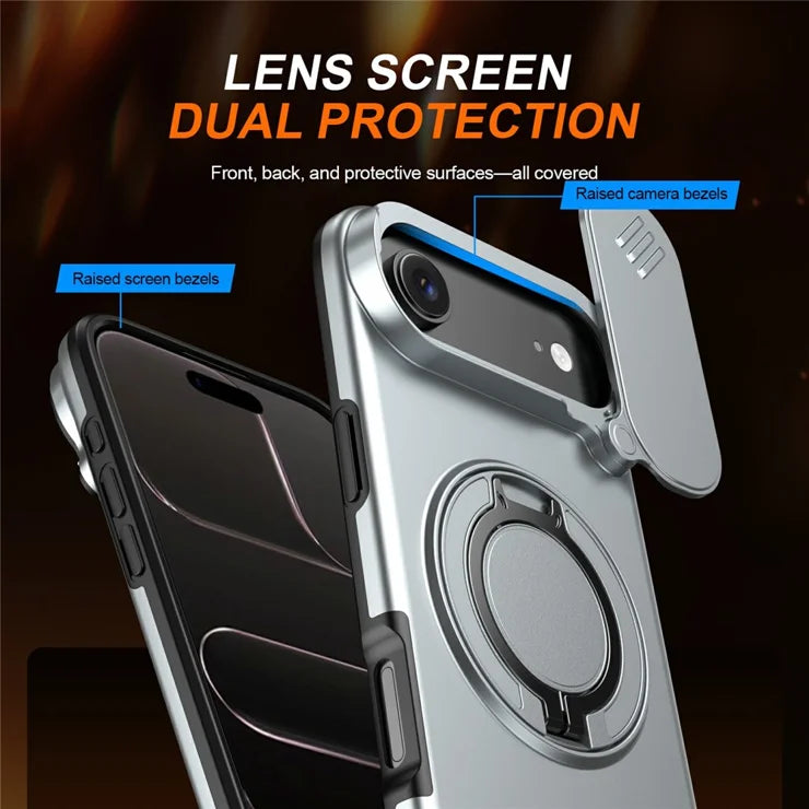 iPhone Air Magnetic Case Ring Kickstand Slide Camera Cover TPU PC Hybrid Phone Shell - Grey