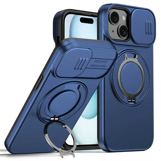 iPhone 15 Plus  /  14 Plus Ring Kickstand Slide Camera Cover TPU PC Hybrid Phone Shell - Blue