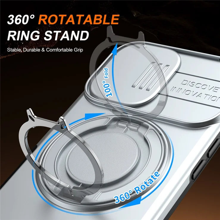 iPhone 16 Case Magnetic Case Ring Kickstand Slide Camera Cover TPU PC Hybrid Phone Shell - Silver