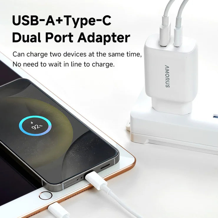 AMORUS PD 30W Type-C + QC 18W USB-A Dual Port GaN Power Adapter Hurtig Oplader til Telefon Tablet - EU Stik