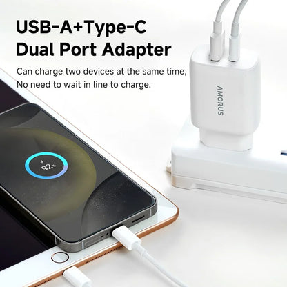 AMORUS PD 30W Type-C + QC 18W USB-A Dual Port GaN Power Adapter Hurtig Oplader til Telefon Tablet - EU Stik