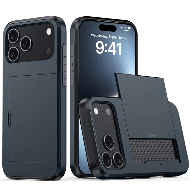 AMORUS For iPhone 17 Pro Case with Sliding Card Holder PC TPU Phone Back Cover - Navy Blue