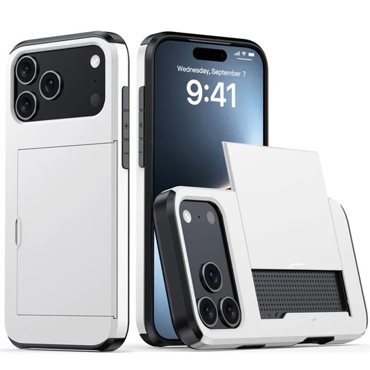AMORUS iPhone 17 Pro Max -suojakuori liukuvalla korttipaikalla, PC- ja TPU-materiaalista, valkoinen