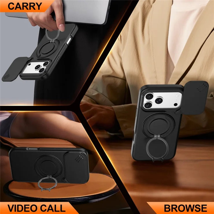 iPhone 17 Pro Magnetic Case Ring Kickstand Slide Camera Cover TPU PC Hybrid Phone Shell - Black