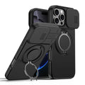 iPhone 16 Pro Max Case Magnetic Case Ring Kickstand Slide Camera Cover TPU PC Hybrid Phone Shell - Black