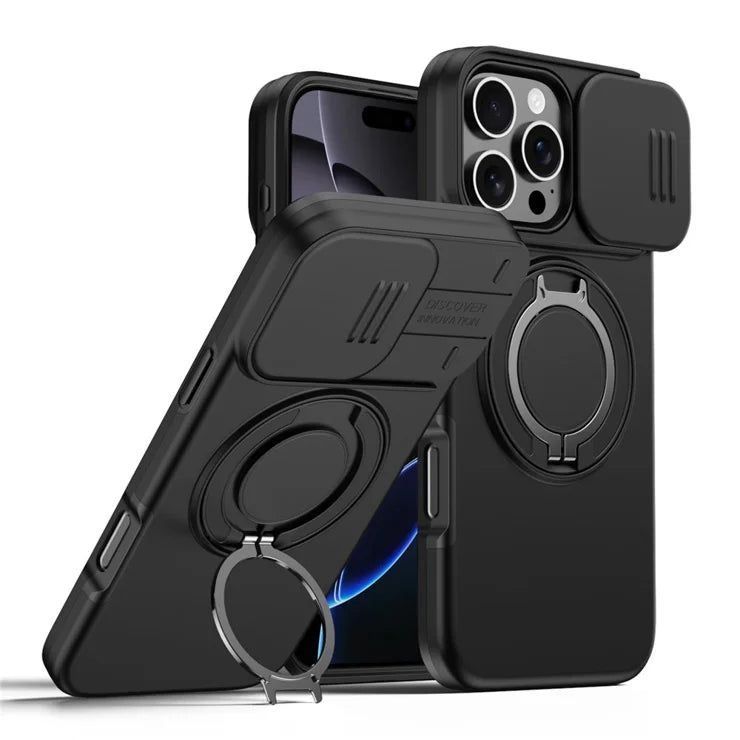 iPhone 16 Pro Max Case Magnetic Case Ring Kickstand Slide Camera Cover TPU PC Hybrid Phone Shell - Black
