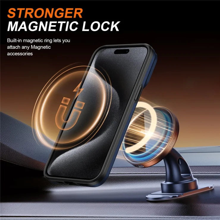 iPhone 15 Pro Max Magnetic Case Ring Kickstand Slide Camera Cover TPU PC Hybrid Phone Shell - Blue