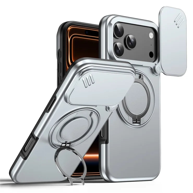 iPhone 17 Pro Magnetic Case Ring Kickstand Slide Camera Cover TPU PC Hybrid Phone Shell - Grey