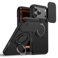 iPhone 17 Pro Magnetic Case Ring Kickstand Slide Camera Cover TPU PC Hybrid Phone Shell - Black