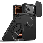 iPhone 17 Pro Magnetic Case Ring Kickstand Slide Camera Cover TPU PC Hybrid Phone Shell - Black