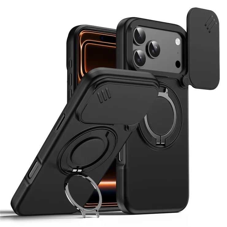 iPhone 17 Pro Magnetisk etui Ring Kickstand Slide Kameralåg TPU PC Hybrid Telefoncover - Sort