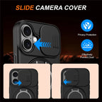 iPhone 17 Case Magnetic Case Ring Kickstand Slide Camera Cover TPU PC Hybrid Phone Shell - Black