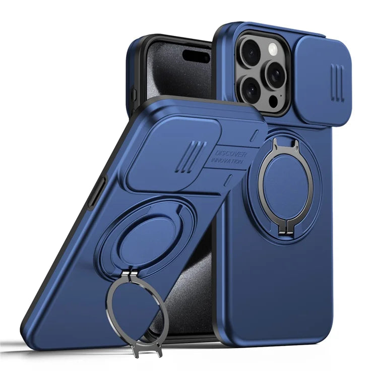 iPhone 15 Pro Max Magnetic Case Ring Kickstand Slide Camera Cover TPU PC Hybrid Phone Shell - Blue