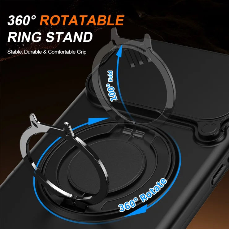 iPhone 17 Pro Magnetisk etui Ring Kickstand Slide Kameralåg TPU PC Hybrid Telefoncover - Sort