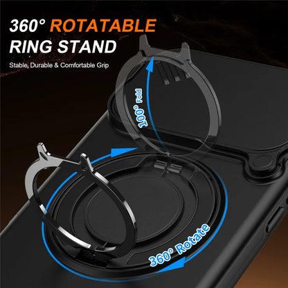 iPhone 17 Pro Magnetisk etui Ring Kickstand Slide Kameralåg TPU PC Hybrid Telefoncover - Sort