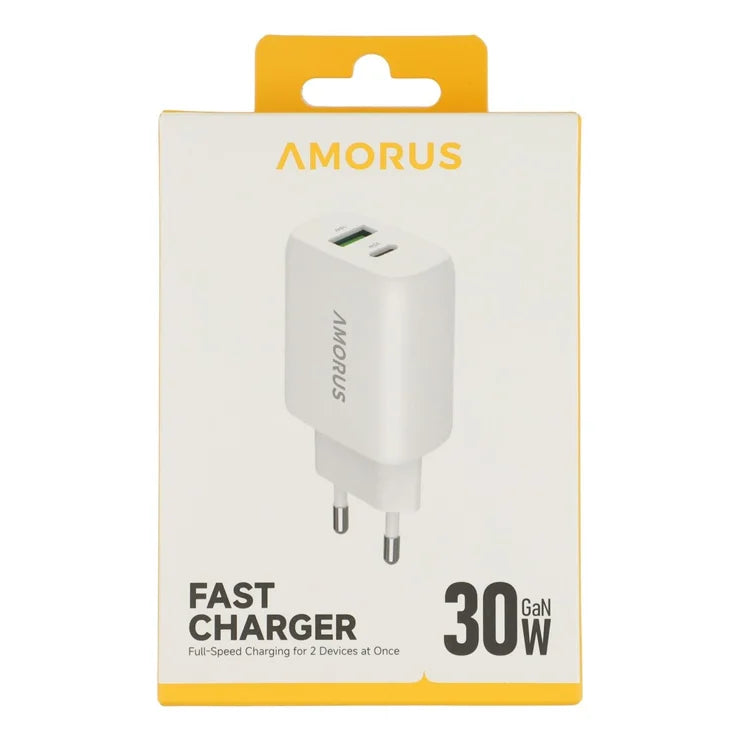 AMORUS PD 30W Type-C + QC 18W USB-A Dual Port GaN Power Adapter Hurtig Oplader til Telefon Tablet - EU Stik