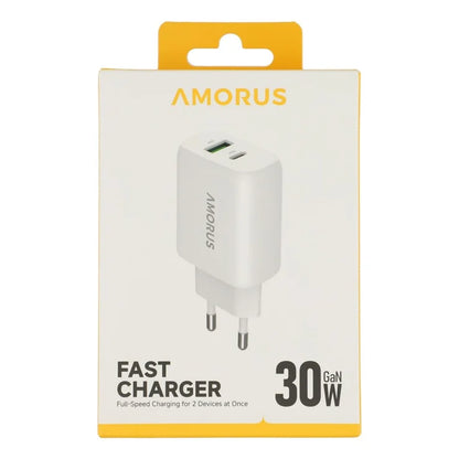 AMORUS PD 30W Type-C + QC 18W USB-A Dual Port GaN Power Adapter Hurtig Oplader til Telefon Tablet - EU Stik