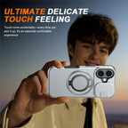 iPhone 16 Plus Case Magnetic Case Ring Kickstand Slide Camera Cover TPU PC Hybrid Phone Shell - Silver