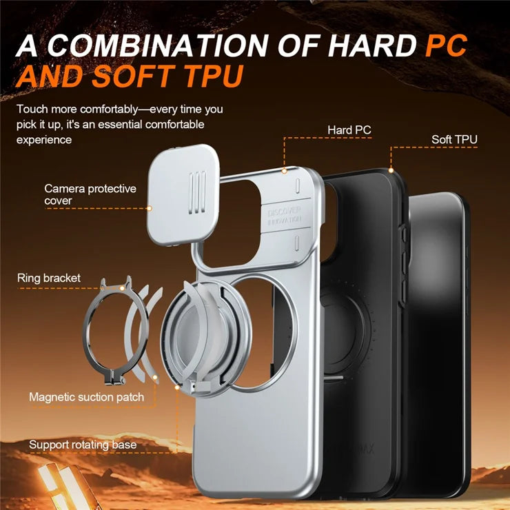 iPhone 16 Pro Case Magnetic Case Ring Kickstand Slide Camera Cover TPU PC Hybrid Phone Shell - Silver