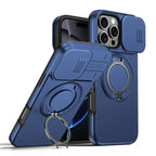 iPhone 16 Pro Case Magnetic Case Ring Kickstand Slide Camera Cover TPU PC Hybrid Phone Shell - Blue