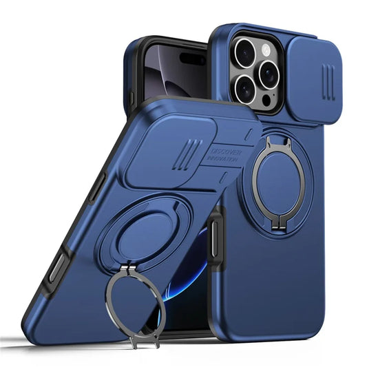 iPhone 16 Pro Case Magnetic Case Ring Kickstand Slide Camera Cover TPU PC Hybrid Phone Shell - Blue