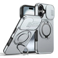 iPhone 16 Plus Case Magnetic Case Ring Kickstand Slide Camera Cover TPU PC Hybrid Phone Shell - Silver
