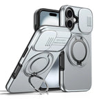 iPhone 16 Plus Case Magnetic Case Ring Kickstand Slide Camera Cover TPU PC Hybrid Phone Shell - Silver