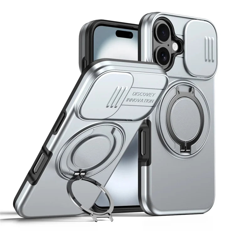 iPhone 16 Case Magnetic Case Ring Kickstand Slide Camera Cover TPU PC Hybrid Phone Shell - Silver