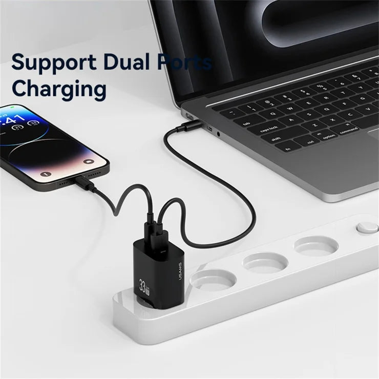 USAMS CC317 T65 33W Fast Charger for iPhone 8-16 Series Dual Ports USB-A + USB-C GaN Power Adapter - EU Plug / Black