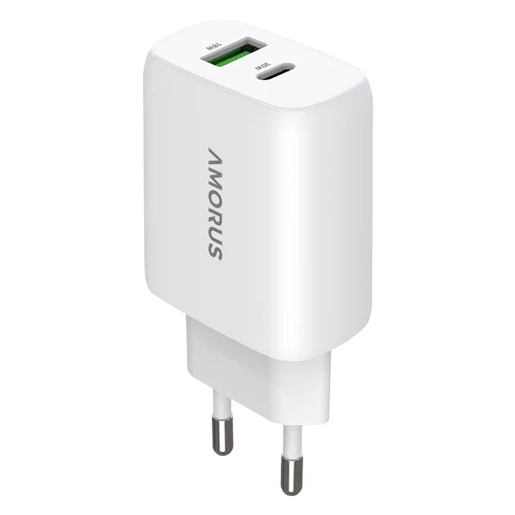 AMORUS PD 30W Type-C + QC 18W USB-A Dual Port GaN Power Adapter Hurtig Oplader til Telefon Tablet - EU Stik