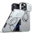 iPhone 16 Pro Case Magnetic Case Ring Kickstand Slide Camera Cover TPU PC Hybrid Phone Shell - Silver