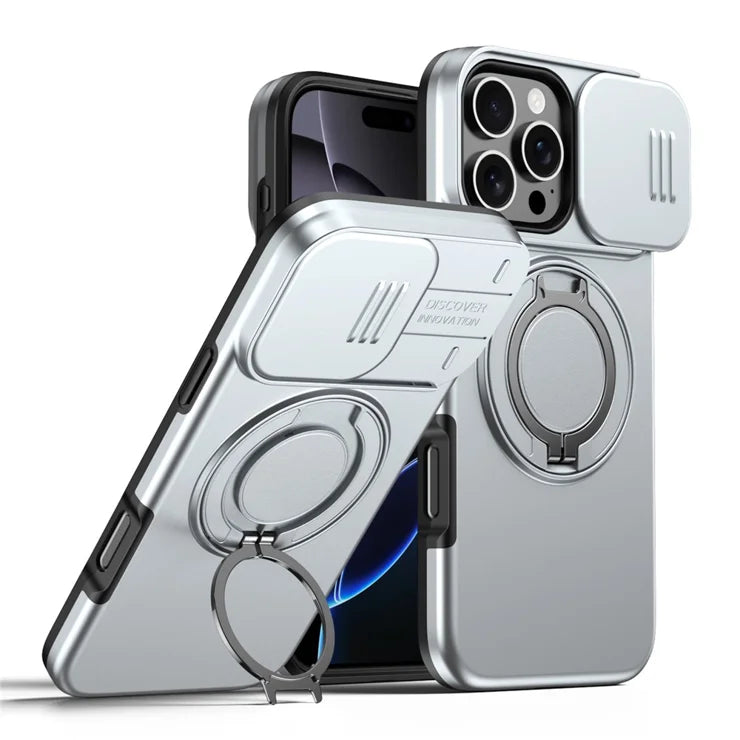 iPhone 16 Pro Case Magnetic Case Ring Kickstand Slide Camera Cover TPU PC Hybrid Phone Shell - Silver