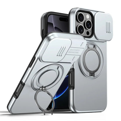 iPhone 16 Pro Case Magnetic Case Ring Kickstand Slide Camera Cover TPU PC Hybrid Phone Shell - Silver