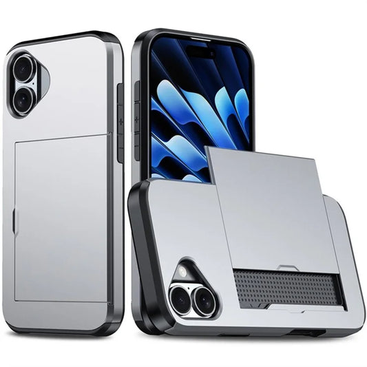 AMORUS iPhone 16 -suojakuori, jossa korttipaikka, PC-TPU-takakansi – harmaa