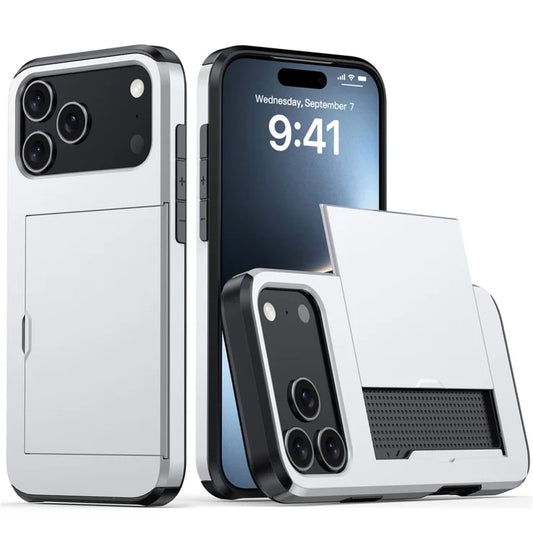 AMORUS iPhone 17 Pro -suojakuori korttipaikalla, PC TPU -puhelinkuori – hopea