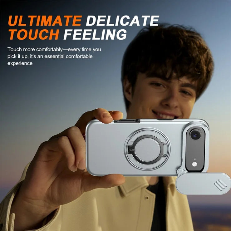 iPhone Air Magnetic Case Ring Kickstand Slide Camera Cover TPU PC Hybrid Phone Shell - Grey
