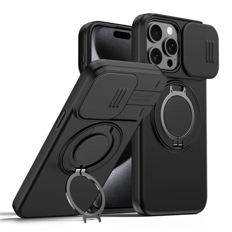 iPhone 15 Pro Case Magnetic Case Ring Kickstand Slide Camera Cover TPU PC Hybrid Phone Shell - Black