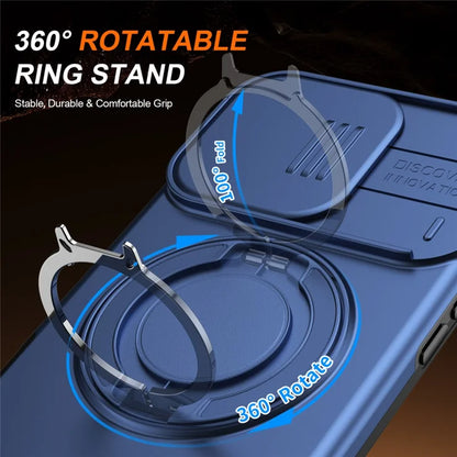 iPhone 16 Pro Cover Magnetisk Cover Ring Støtteben Skydbart Kameralåg TPU PC Hybrid Telefoncover - Blå