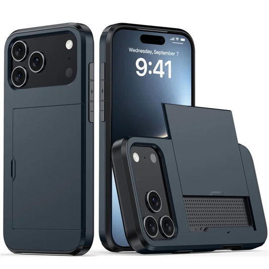 AMORUS iPhone 17 Pro Max -suojakuori liukuvalla korttipidikkeellä, PC TPU -puhelimen takakansi – laivastonsininen