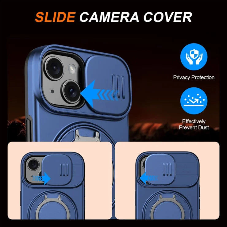 iPhone 15 Case Magnetic Case Ring Kickstand Slide Camera Cover TPU PC Hybrid Phone Shell - Blue