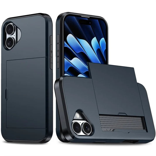 AMORUS iPhone 16 -suojakuori, jossa korttipaikka, PC- ja TPU-materiaalit - tummansininen