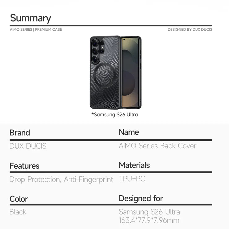 DUX DUCIS For Samsung Galaxy S26 Ultra Magnetic Case  Aimo Series PC+TPU Slim Cover (REACH Certification) - Black